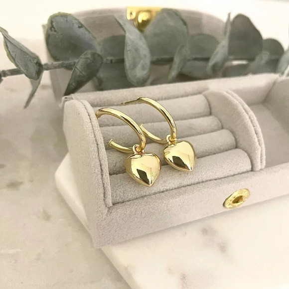 925 Sterling Silver Chunky Heart Hoop Earrings Dangle Heart Huggies - Picture 6 of 9